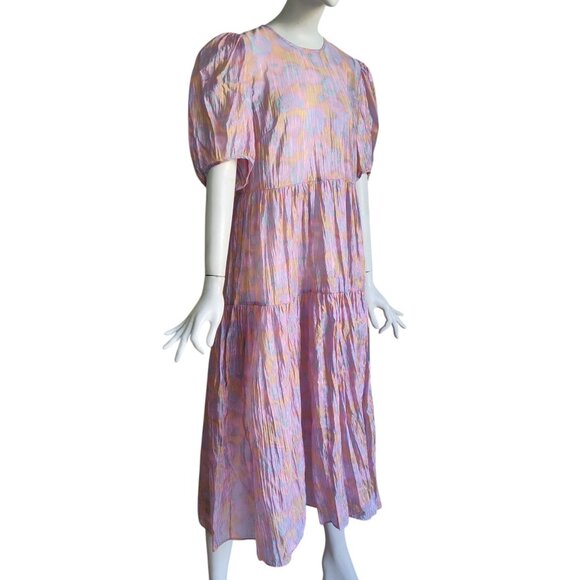 & OTHER STORIES Boho Coquette Puff Sleeve Semi Sheer Pastel Tiered Dress Sz 8 - Picture 3 of 12